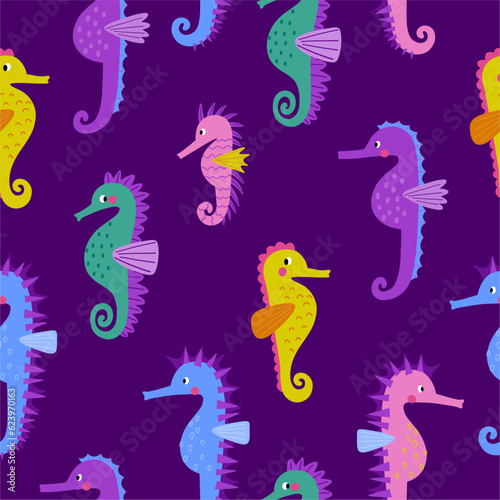 Cute cartoon sea horse - vector illustration. Awesome character, flat style, undersea life seamless pattern