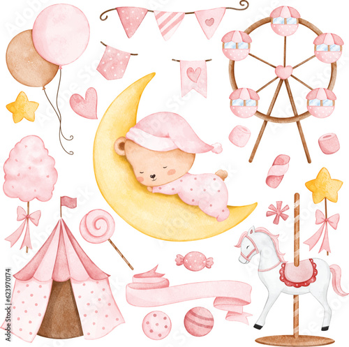 Watercolor illustration set of cute nursery clipart for baby girl