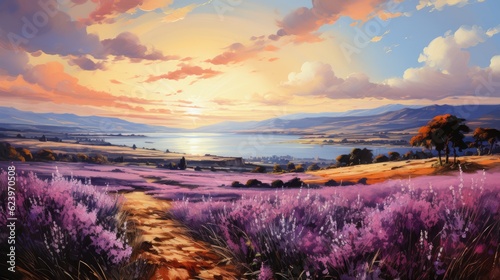 A beautiful countryside full of purple flowers, concept art, digital illustration
