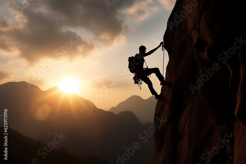 Silhouette of a man climbing triumphantly the mountain summit, embodying the exhilarating feeling of success and accomplishment. Active life, reach the top concept. Generative AI