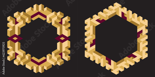 Hexagon shape of golden 3d cubes. Gold frame vector illustration. Isolated design element. #37