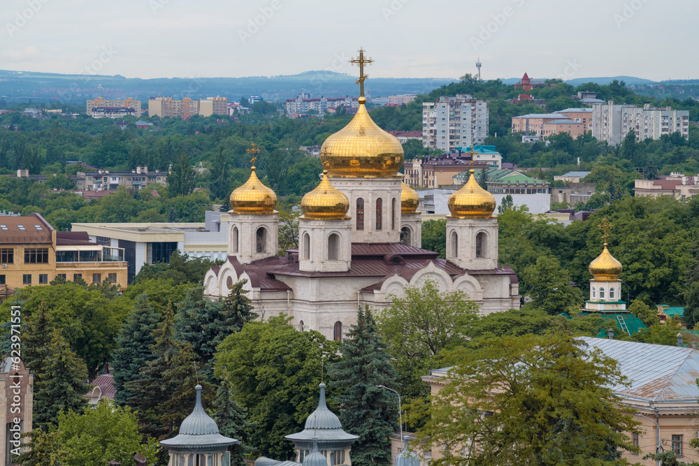 Spassky Cathedral in cityscape on a early June morning. Pyatigorsk, Russia