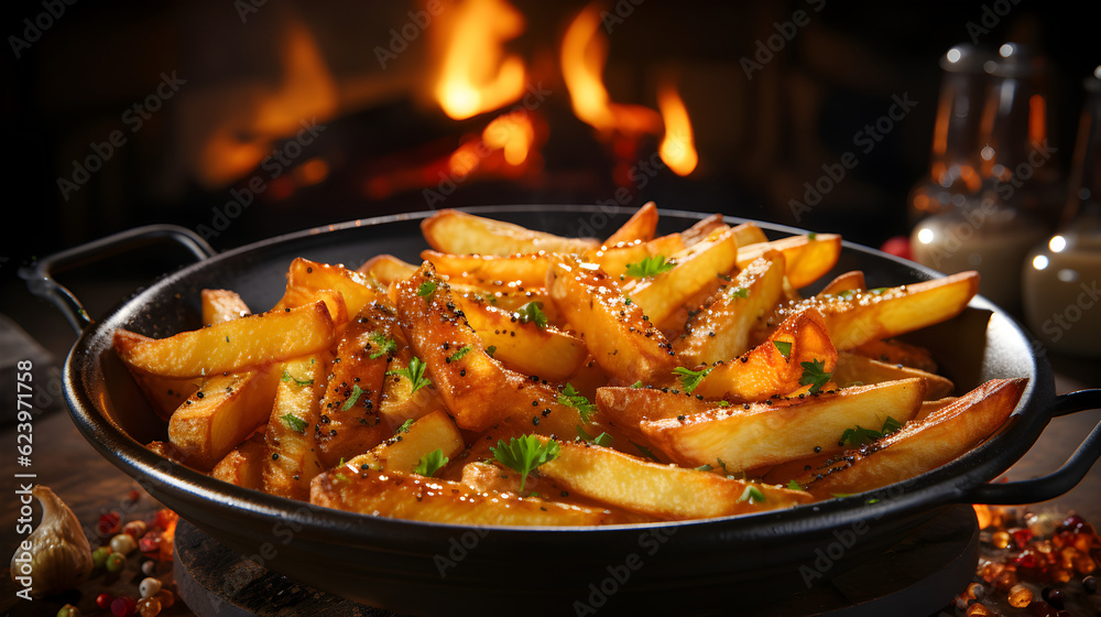 French fries are fried in a hot oil pan, fastfood