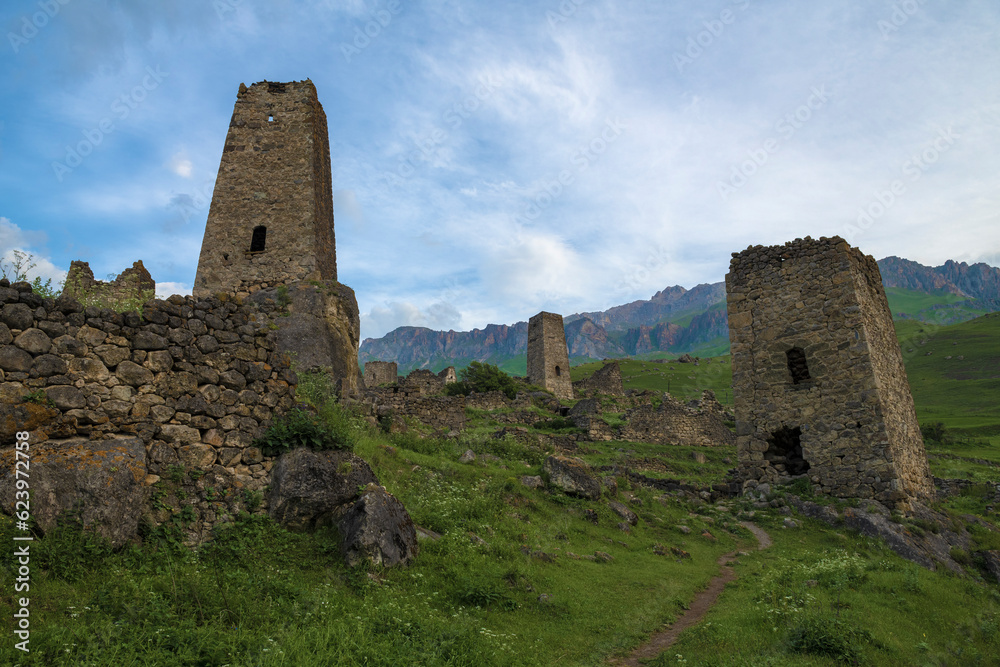 View of the ancient Ossetian towers on a early June morning. Tsmiti. Northern Ossetia Alania. Russian Federation