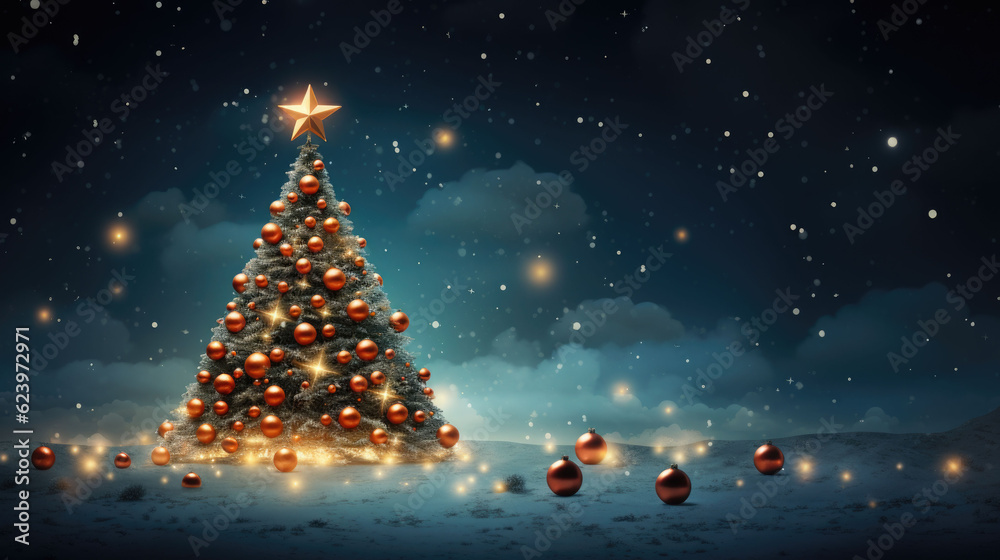 A beautifully lit Christmas tree full of balls with clouds in the sky as a background.