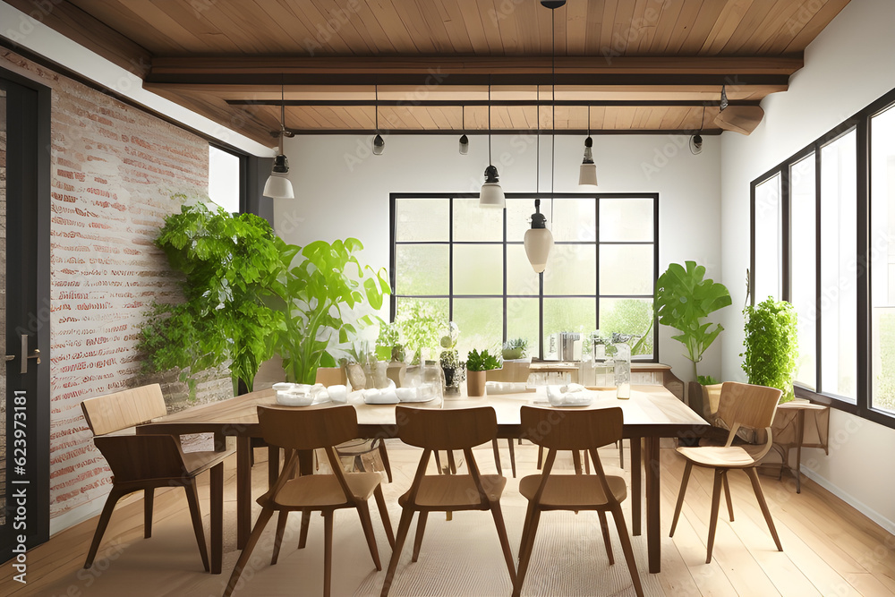 Stylish interior and botanical dining room with craft design of wooden tables, chairs, loft of plants, large windows, map posters and elegant accessories in modern home decor. Templates.