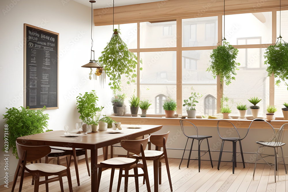 Obraz premium Stylish interior and botanical dining room with craft design of wooden tables, chairs, loft of plants, large windows, map posters and elegant accessories in modern home decor.