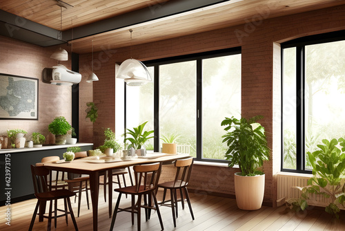 Stylish interior and botanical dining room with craft design of wooden tables  chairs  loft of plants  large windows  map posters and elegant accessories in modern home decor. Templates.