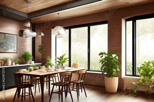 Stylish interior and botanical dining room with craft design of wooden tables, chairs, loft of plants, large windows, map posters and elegant accessories in modern home decor. Templates.