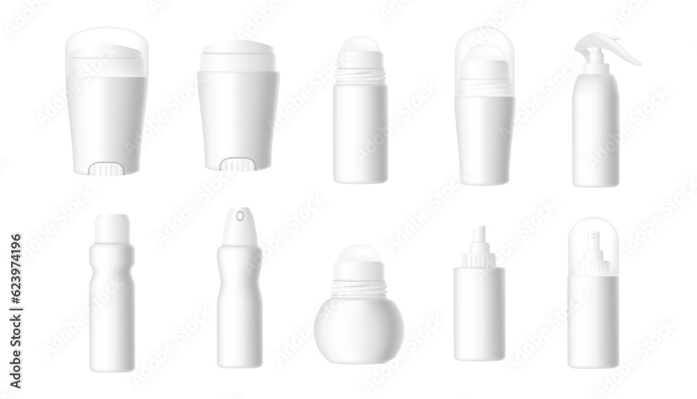Set of blank template of roll on antiperspirant deodorant plastic package of cosmetic mock up vector illustration isolated on white background Set of blank template of roll on antiperspirant deodorant plastic package of cosmetic mock up vector illustration isolated on white background
