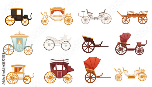 Set of retro wedding or royal wooden carriage on wheels chariot with roof and without vector illustration isolated on white background
