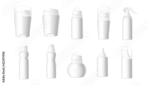 Set of blank template of roll on antiperspirant deodorant plastic package of cosmetic mock up vector illustration isolated on white background