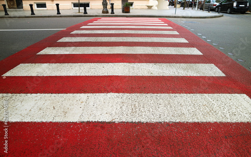 Red and White Urban Pedestrian Crosswalk