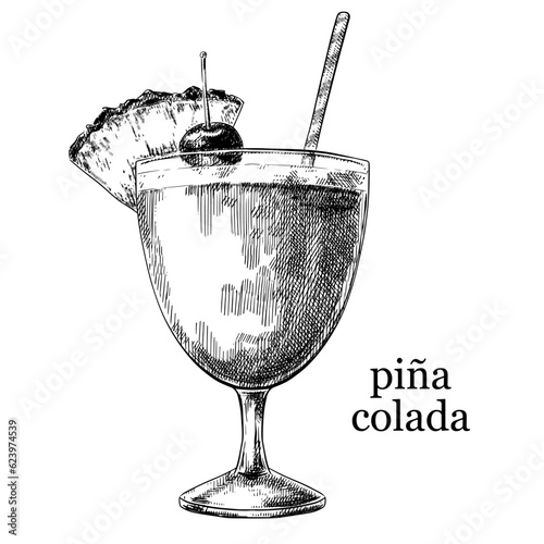 Pina colada cocktail vector sketch vintage food illustration.