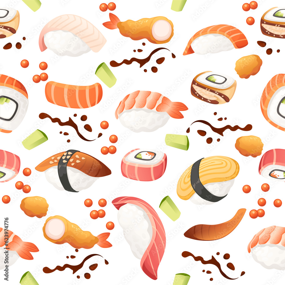 Sushi roll japan street fast food with seafood and rice salmon and cheese vector illustration on white background Sushi roll japan street fast food with seafood and rice salmon and cheese vector illustration on white background