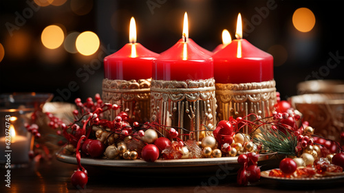Christmas candle arrangement with flowers, new year and advent concept, christmas card