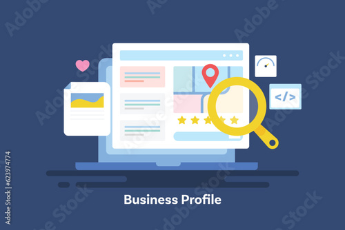 Business profile on search engine page, local business and service information, customer review on laptop screen, local SEO optimization concept. Vector illustration.