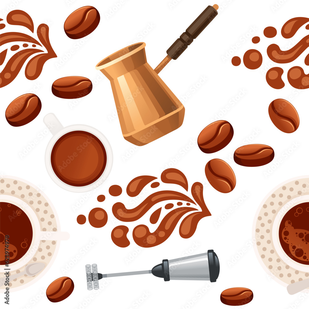 Seamless pattern coffee theme with frother and cezve vector illustration on white background