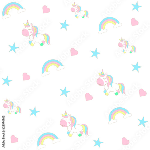 seamless pattern  kids design  unicorn  rainbows  stars  hearts