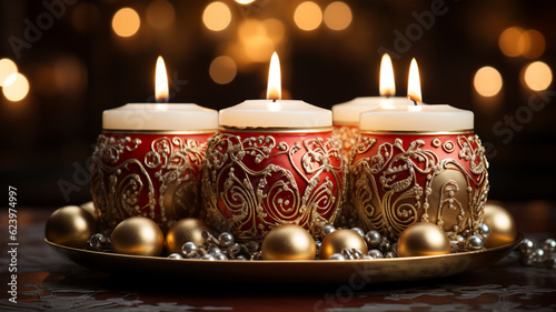 Christmas candle arrangement with flowers, new year and advent concept, christmas card