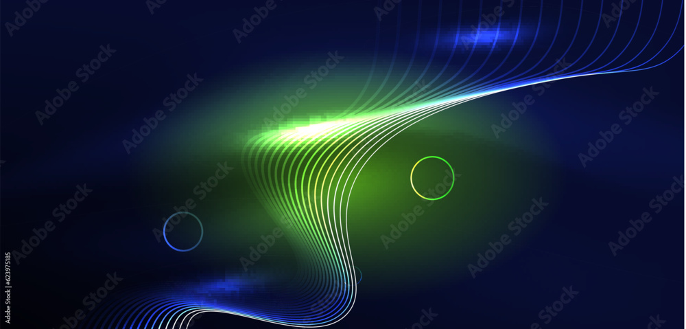 Fototapeta premium Neon laser lines, circles waves abstract background. Neon light or laser show, electric impulse, power lines, techno quantum energy impulse, magic glowing dynamic lines