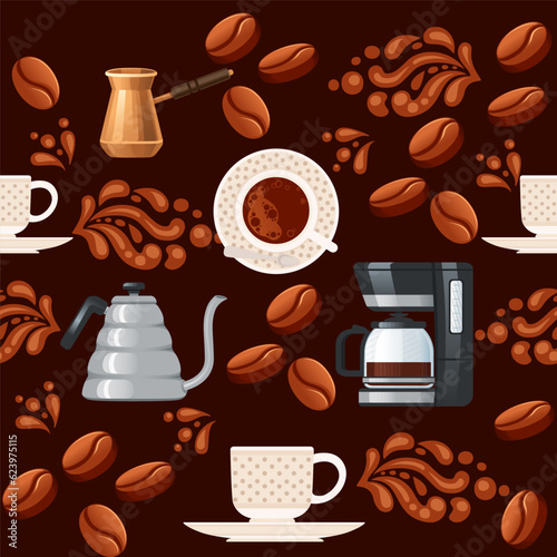 Seamless pattern coffee theme with coffee maker machine and cezve vector illustration on brown background
