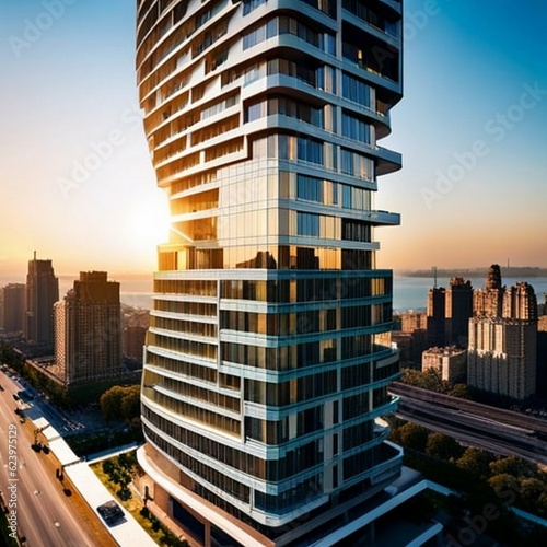 high-rise resedential building with a unique form and facade, featuring terraces and stunning views, minimalist, high-end, architectural design, ai generated photo