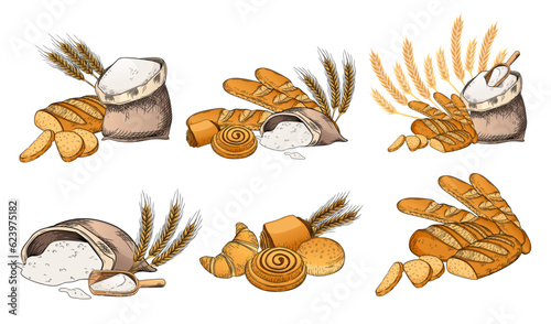 Collection of colored hand drawn sketches flour bags bread and sweet tasty buns vector illustration isolated on white background