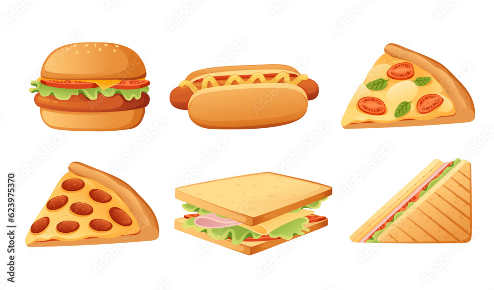 Collection of fast food burger pizza hotdog and sandwich vector illustration isolated on white background Collection of fast food burger pizza hotdog and sandwich vector illustration isolated on white background