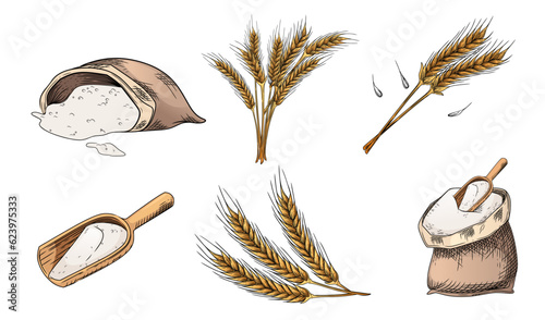 Set of colored sketch of bag of flour with shovel vector illustration on white background