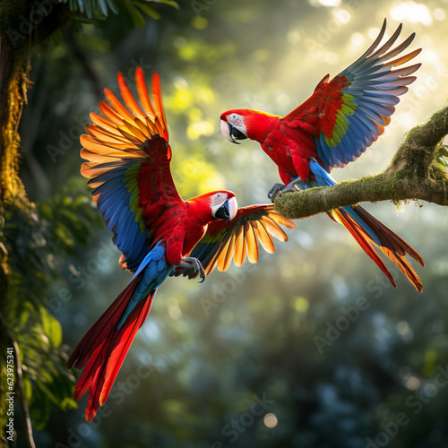 blue and yellow macaw on branch © نيلو ڤر