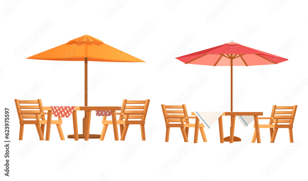 Table with chairs and umbrella for terrace park or cafe vector illustration isiolated on whiteb ackground