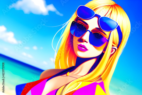 summer vibes young wearing colorful dress. and huge sunglasses girl. Generative AI