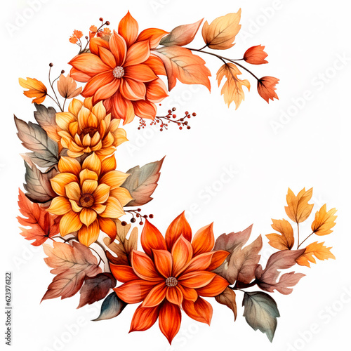 Autumn fall leaves floral botanical frame. Isolated watercolor illustration. AI generative