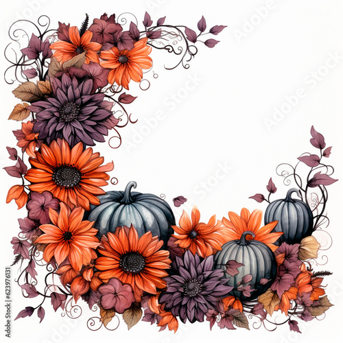 Floral botanical watercolor halloween isolated frame with black pumpkins and flowers. AI generative