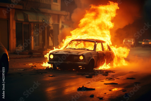 Crime, riot, arson, incident concept. Burning car on the street at night photo