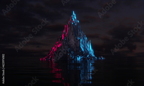 Synthwave neon mountain background at the sea with blue and pink lights