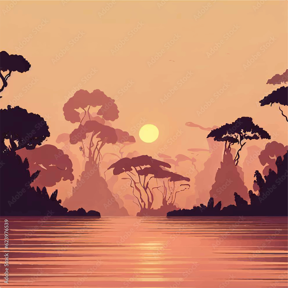 sunsets and sunrises inspired by the amazon jungle, landscapes set deep in the peruvian amazon, illustrations of sunsets in rainforests sunsets and sunrises inspired by the amazon jungle, landscapes set deep in the peruvian amazon, illustrations of sunsets in rainforests