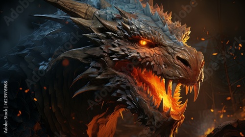 Cinematic image dragon with burning eyes spines made with generative AI