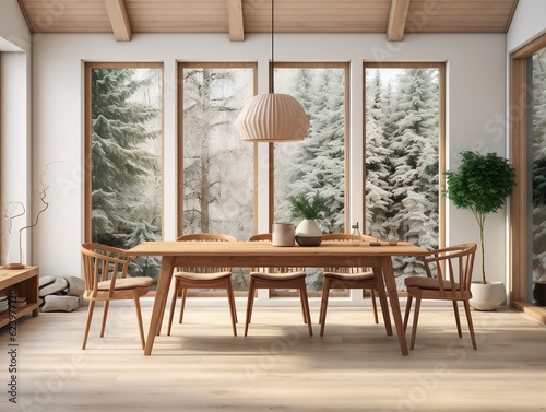 Wooden set dining table and chairs interior design of modern dining room with window generative ai © tanjidvect