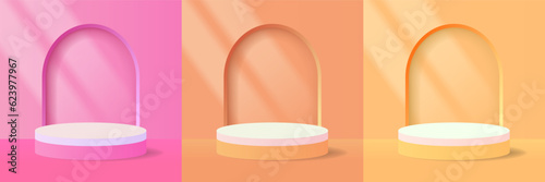 Set of pink, orange, yellow and white 3d podium in arch window. Studio room with geometric platform. Minimal wall scene for products showcase, Promotion display. Vector illustration.
