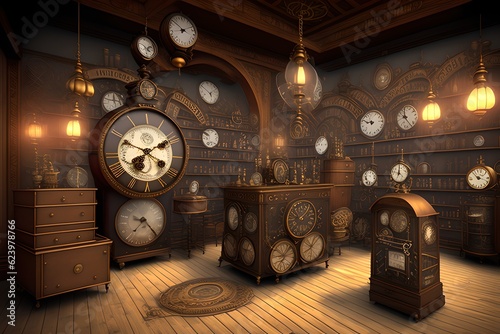 Steampunk clock shop, Generative AI Illustration