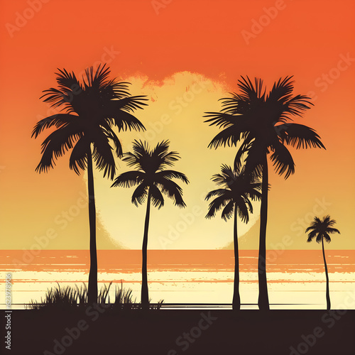 Twilight summer beach sunset background with coconut palm tree silhouette