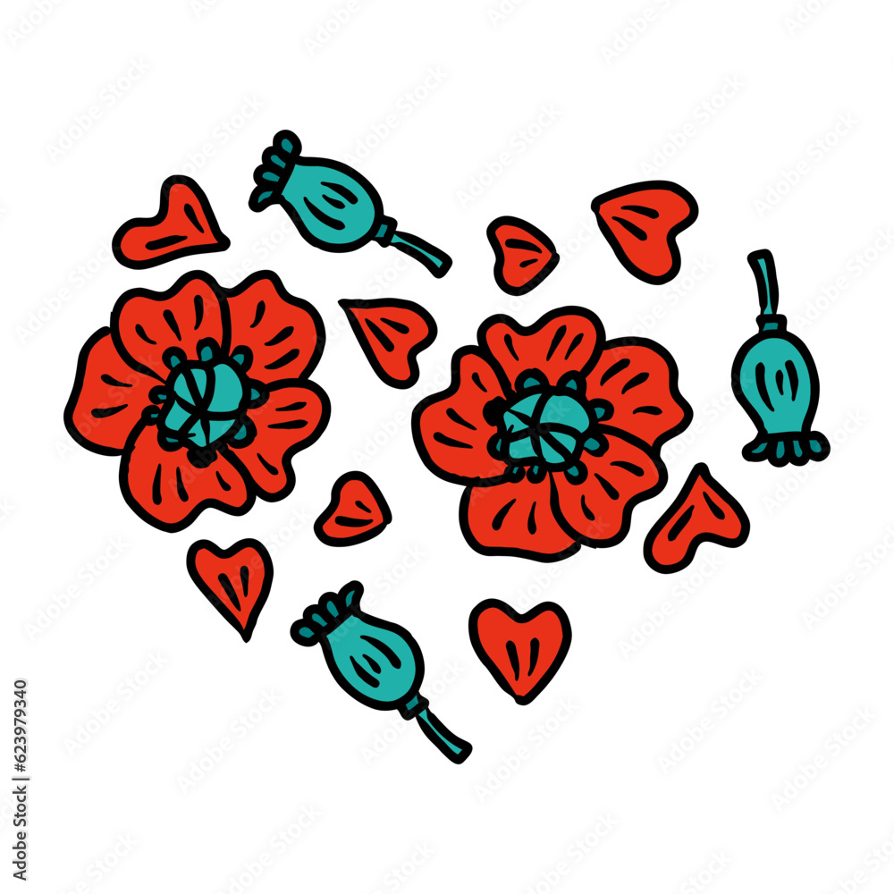 Romantic heart-shaped print with poppy flowers and boxes. Perfect for tee, sticker, postcard, poster. Isolated vector illustration for decor and design.