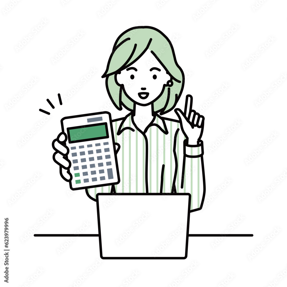 a woman in shirt work style recommending, proposing, showing estimates and pointing a calculator with a smile in front of laptop pc a woman in shirt work style recommending, proposing, showing estimates and pointing a calculator with a smile in front of laptop pc