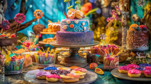 Array of Colorful Sweet Desserts in a Dessert Buffet extreme closeup. Generative AI © doomu