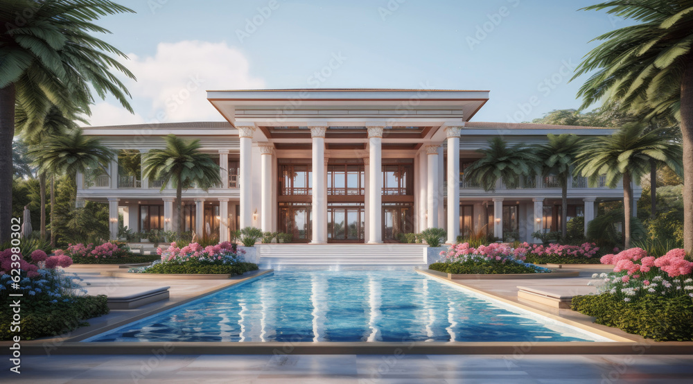 Fototapeta premium Luxury Modern Villa or Hotel Architecture with an Outdoor Swimming Pool extreme closeup. Generative AI