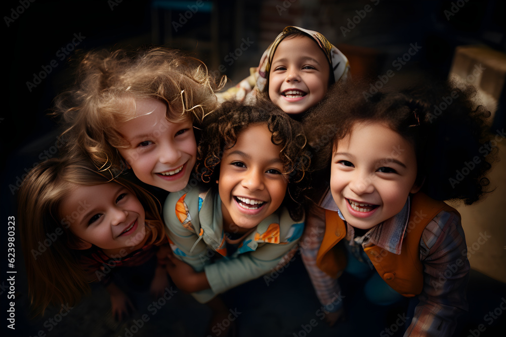 Close-up faces of happy multinational children hugging and smiling for the camera. Cute boy and girl looking at the camera. Ai generative