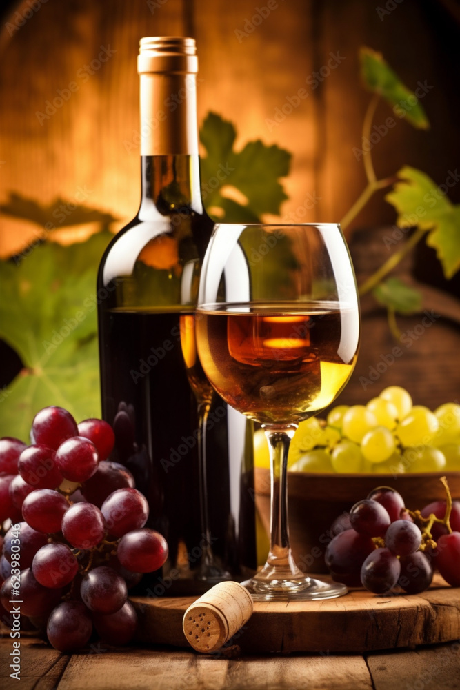 winery food background glass grape drink alcohol vine wine beverage bottle. Generative AI.