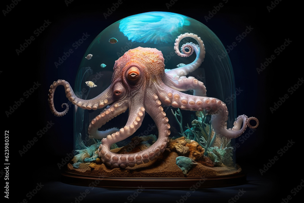 Obraz premium Octopus with Large Eyes Swimming Deep Ocean Water extreme closeup. Generative AI